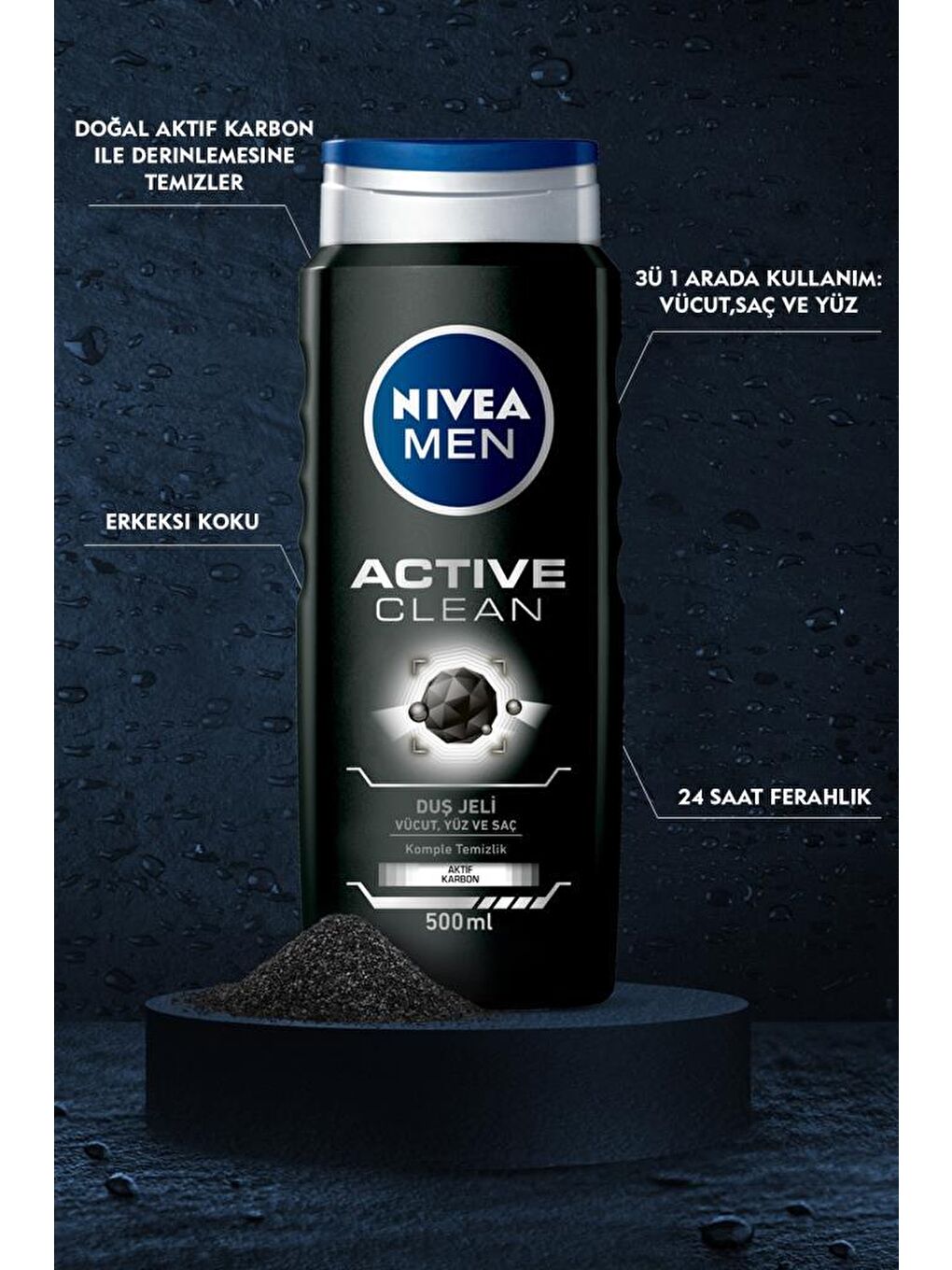 NIVEA Şeffaf Men Active Clean Erkek Duş Jeli 500 ml x2 Adet, Saç, Yüz Ve Vücut İçin - 1