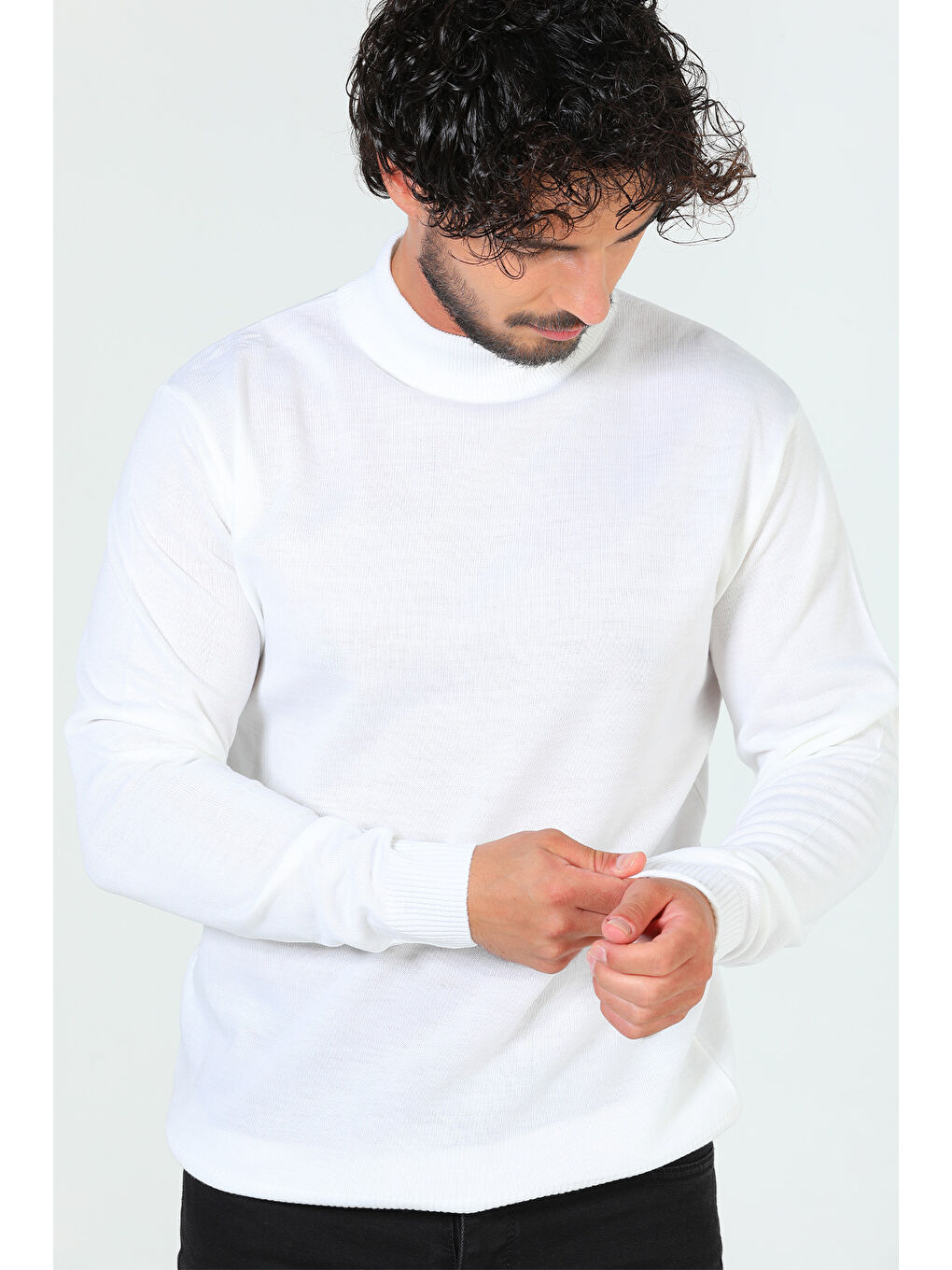 Ekru Erkek Yarım Balıkçı Yaka Triko Kazak-3