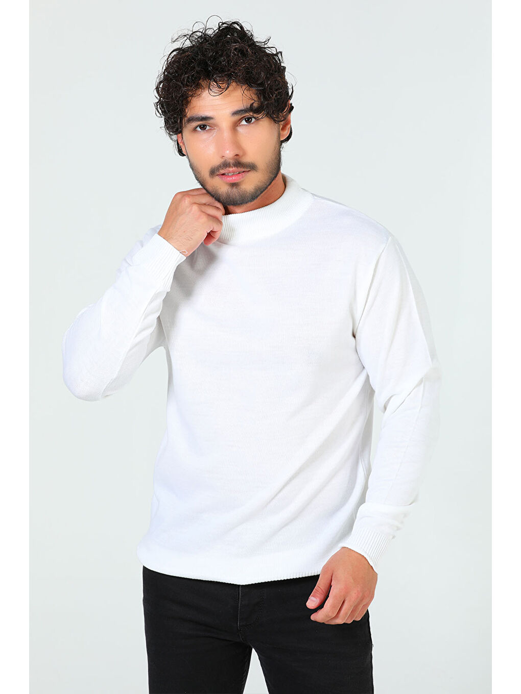 Ekru Erkek Yarım Balıkçı Yaka Triko Kazak-4