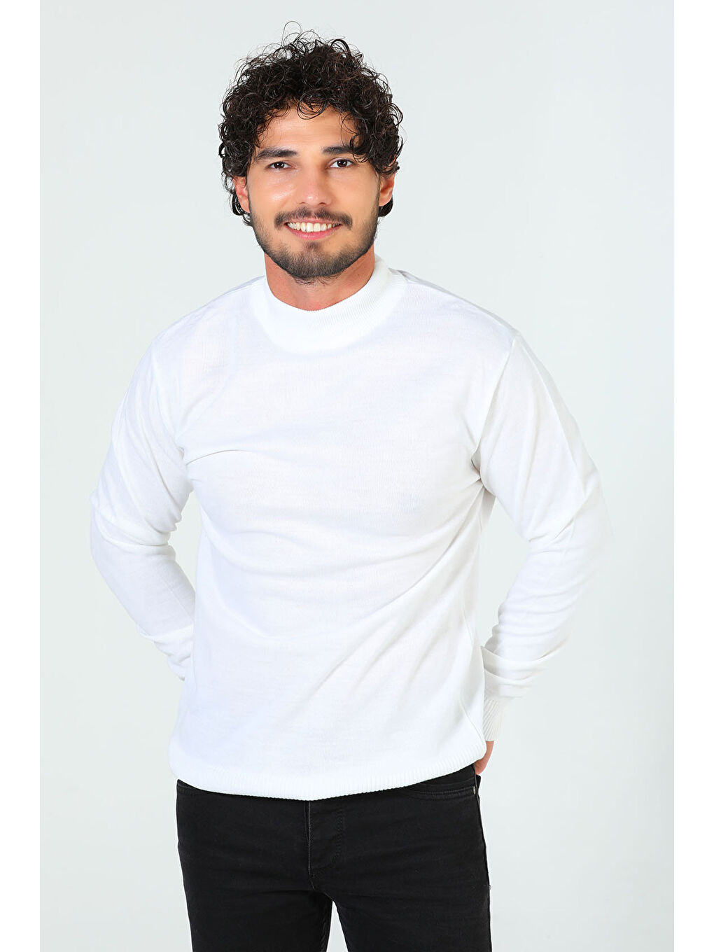 Ekru Erkek Yarım Balıkçı Yaka Triko Kazak-5