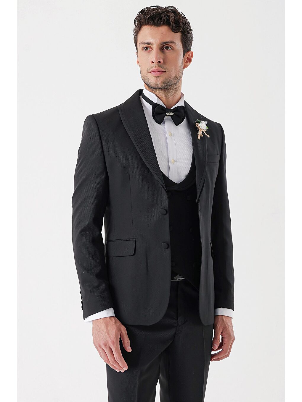 Siyah Desenli Armürlü Kruvaze 6 Drop Slim Fit Smokin Damatlık Takım 1001230214-2