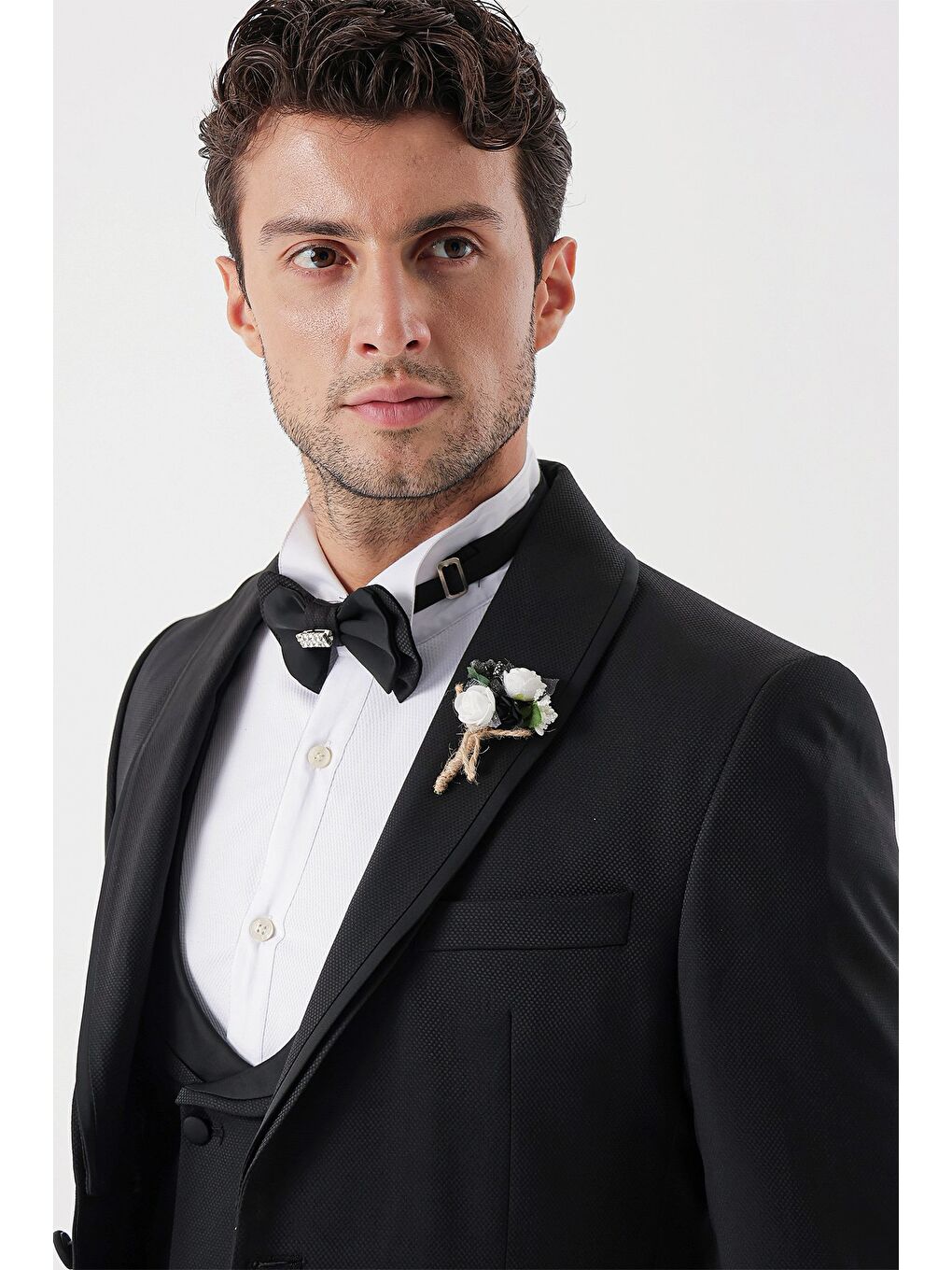 Siyah Desenli Armürlü Kruvaze 6 Drop Slim Fit Smokin Damatlık Takım 1001230214-3