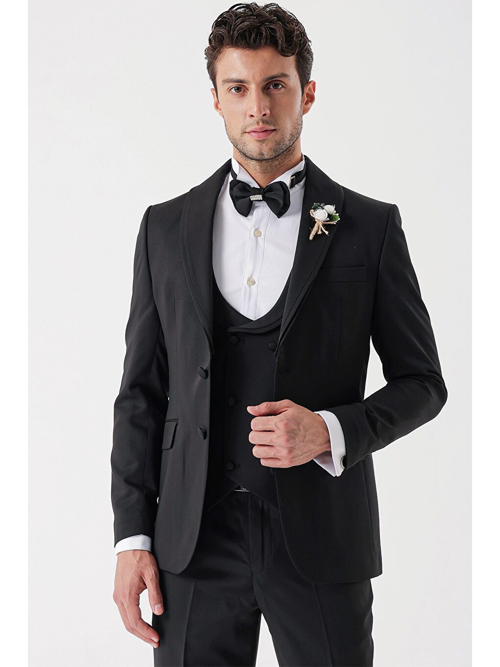Siyah Desenli Armürlü Kruvaze 6 Drop Slim Fit Smokin Damatlık Takım 1001230214-4