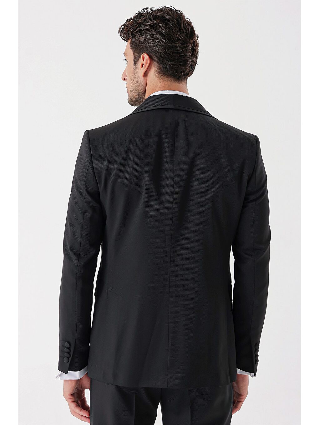 Siyah Desenli Armürlü Kruvaze 6 Drop Slim Fit Smokin Damatlık Takım 1001230214-5