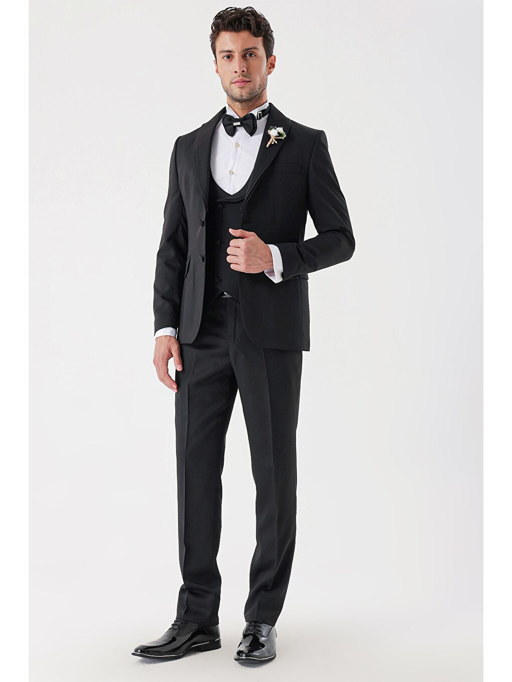 Siyah Desenli Armürlü Kruvaze 6 Drop Slim Fit Smokin Damatlık Takım 1001230214-7