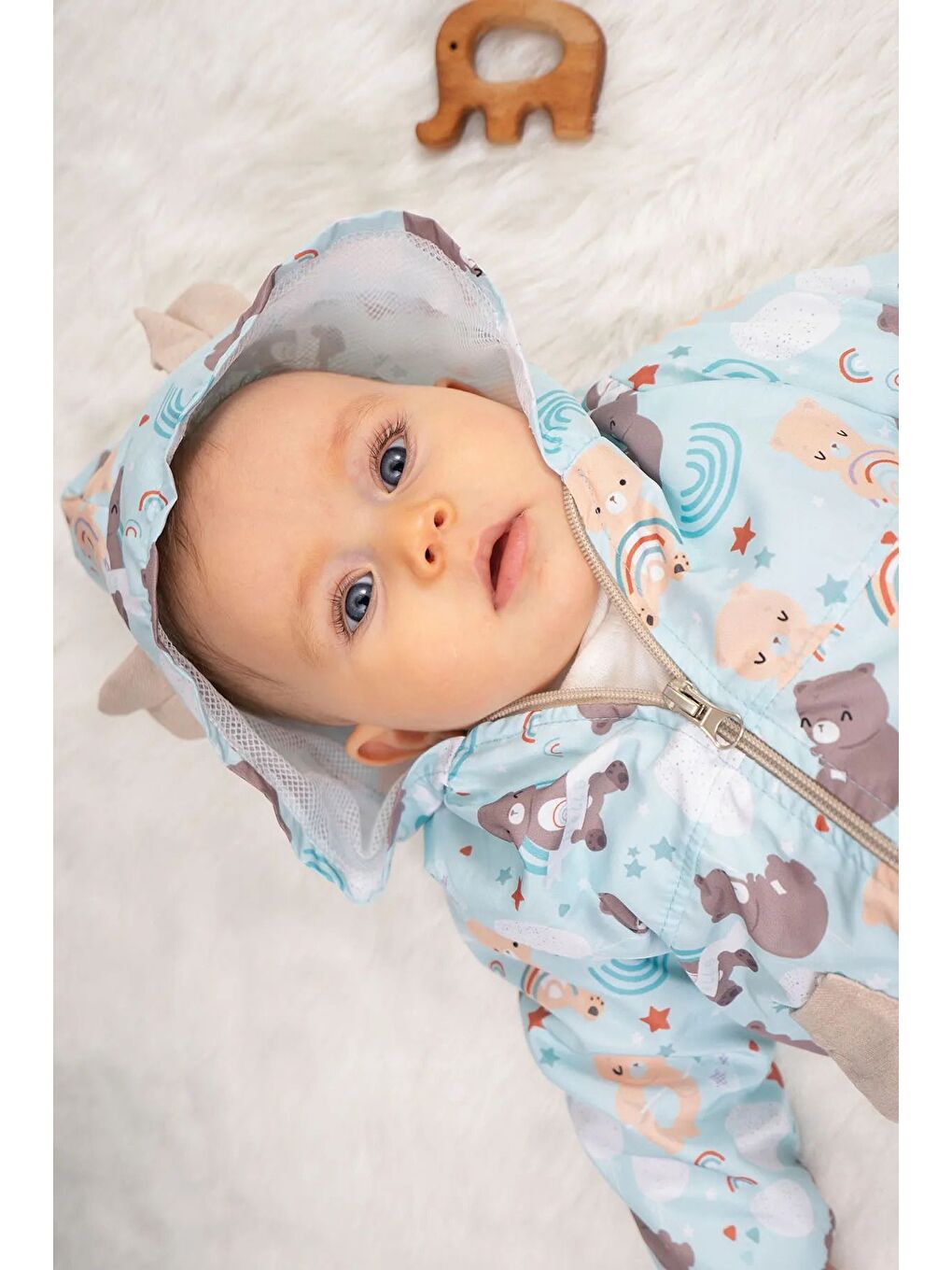 Yeşil Ayıcık Desenli Unisex Astarlı 3 Parça Yağmurluk Bebek Takımı-1