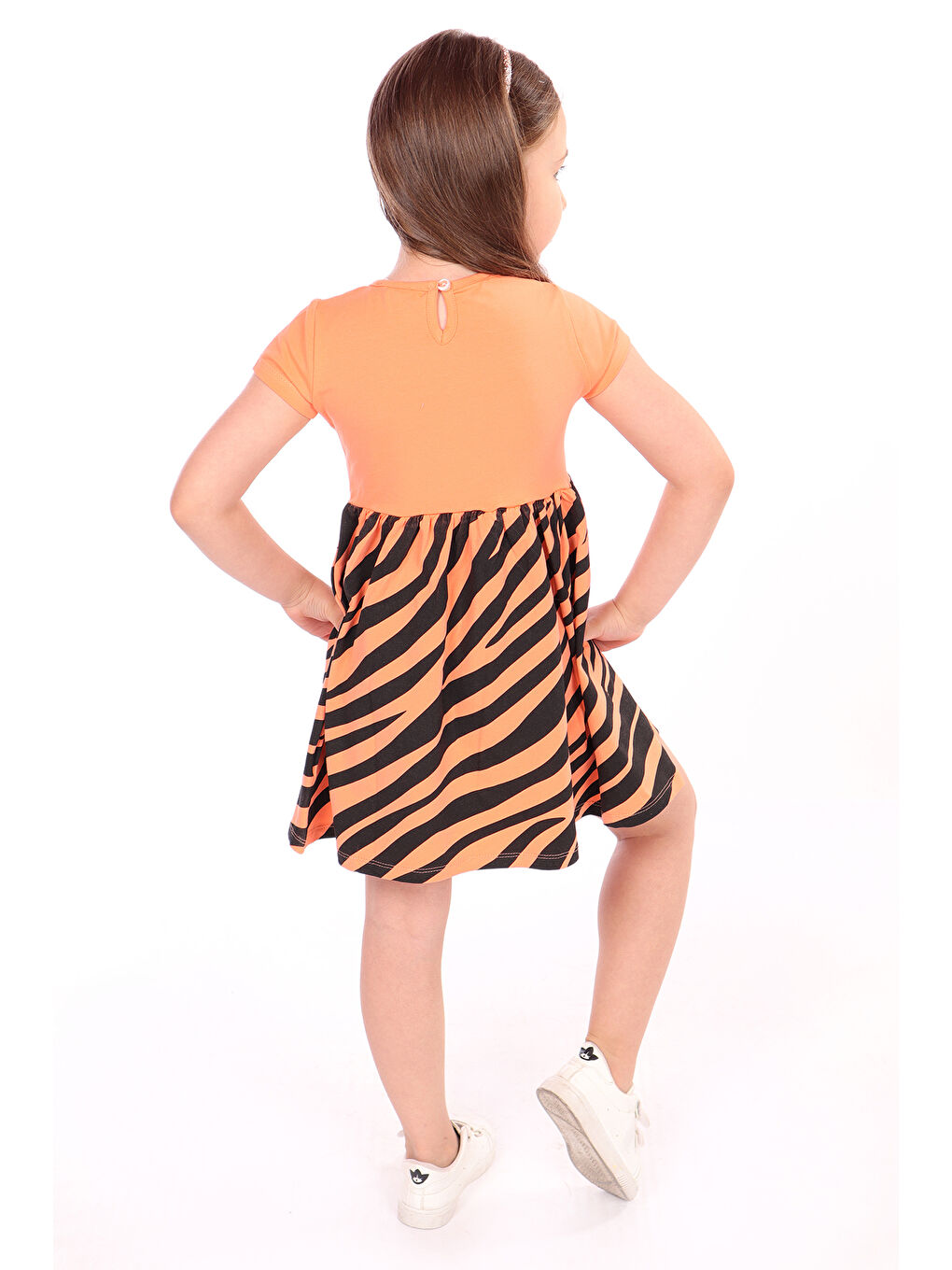 Toontoykids Orta Turuncu Kız Çocuk Little Yazılı Etek Kısmı Zebra Desen Baskılı Elbise - 1