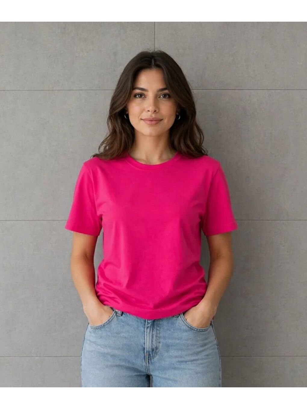 Basic Pamuklu Tişört Bisiklet Yaka Düz Renk Relaxed Fit T-Shirt - Fuşya-1