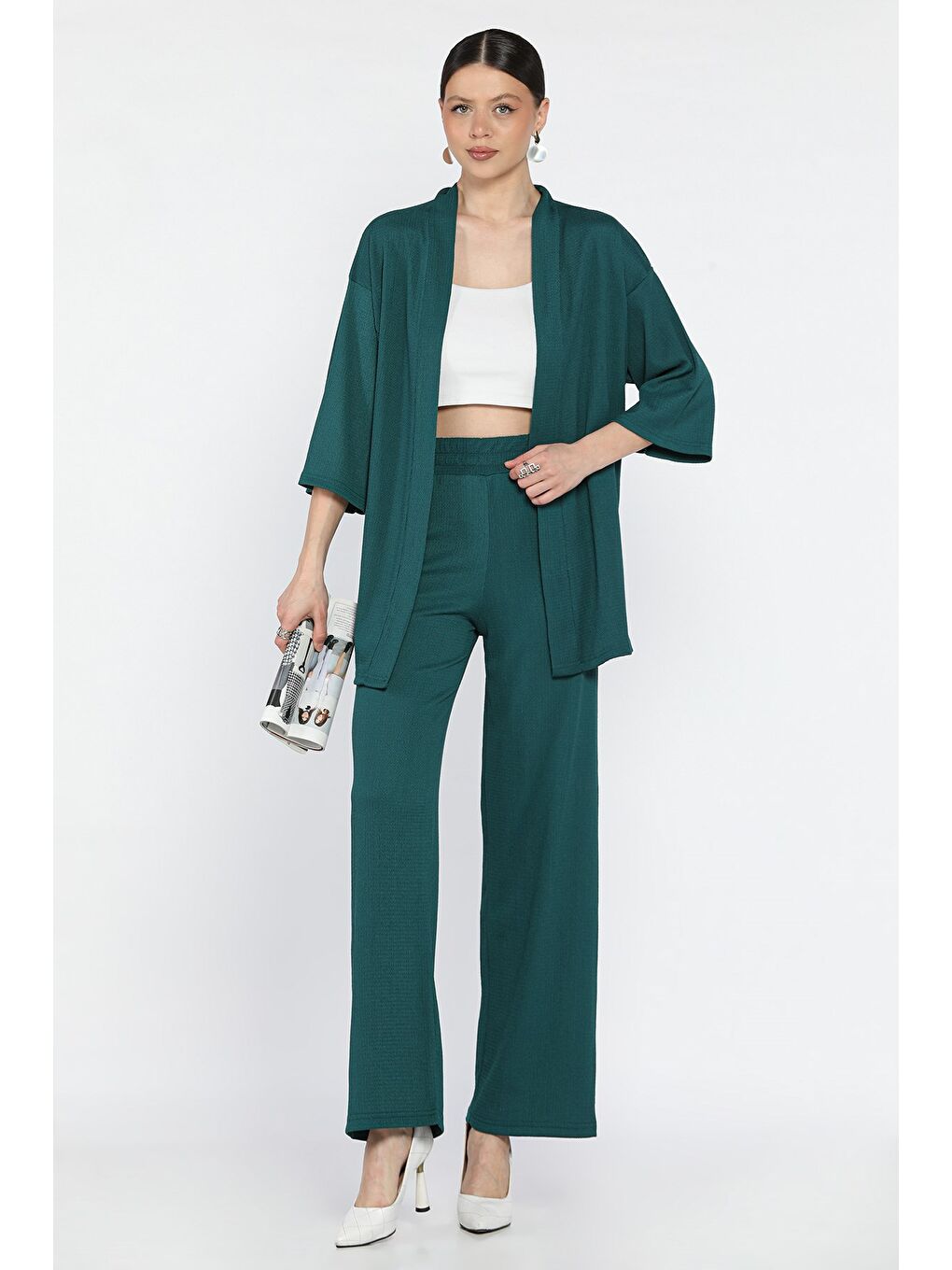 Yeşil Kadın Kimono Pantolon İkili Takım-1