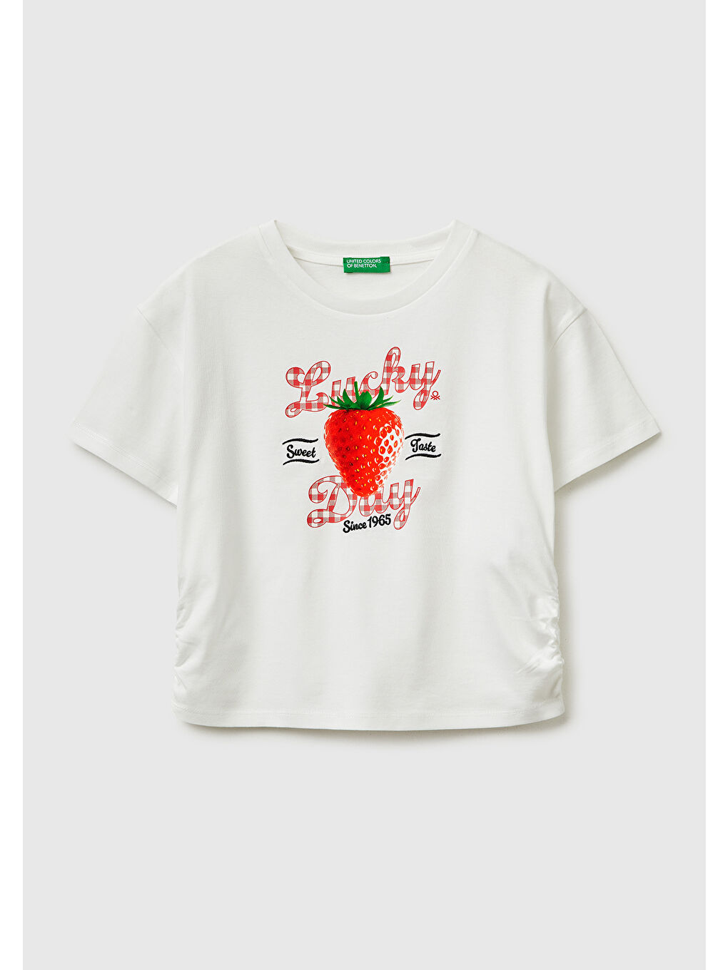 Kız Çocuk Beyaz Yanları Büzgülü Detaylı Önü Baskılı ve İşlemeli T-Shirt