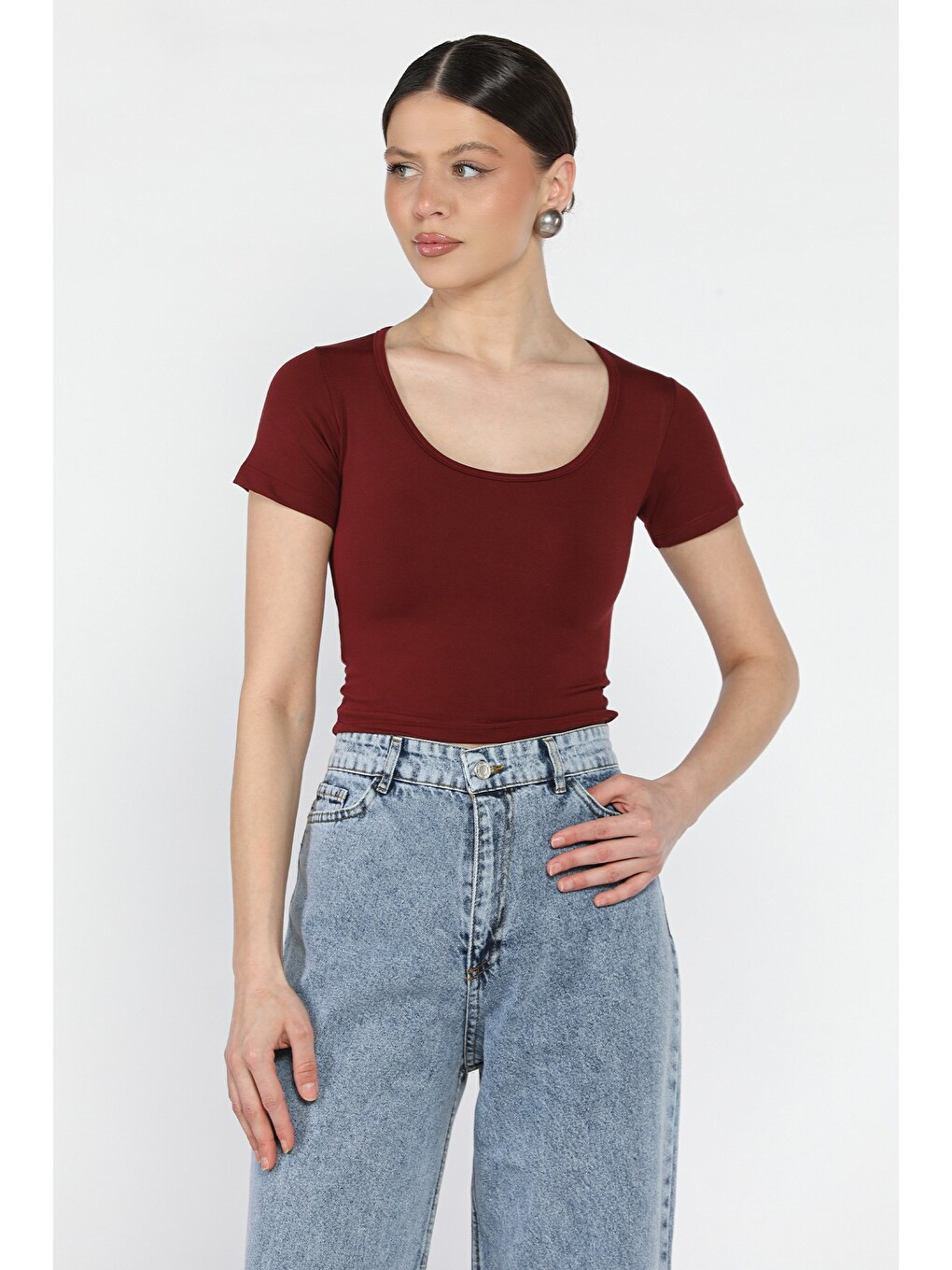 Bordo Kadın Modal Kumaş Elastanlı Bluz