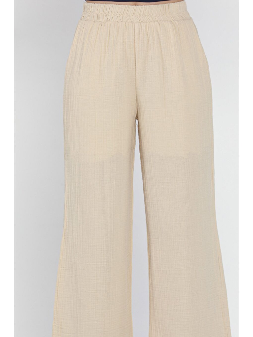 Bej Kadın Bel Lastikli Bol Paça Pantolon-3