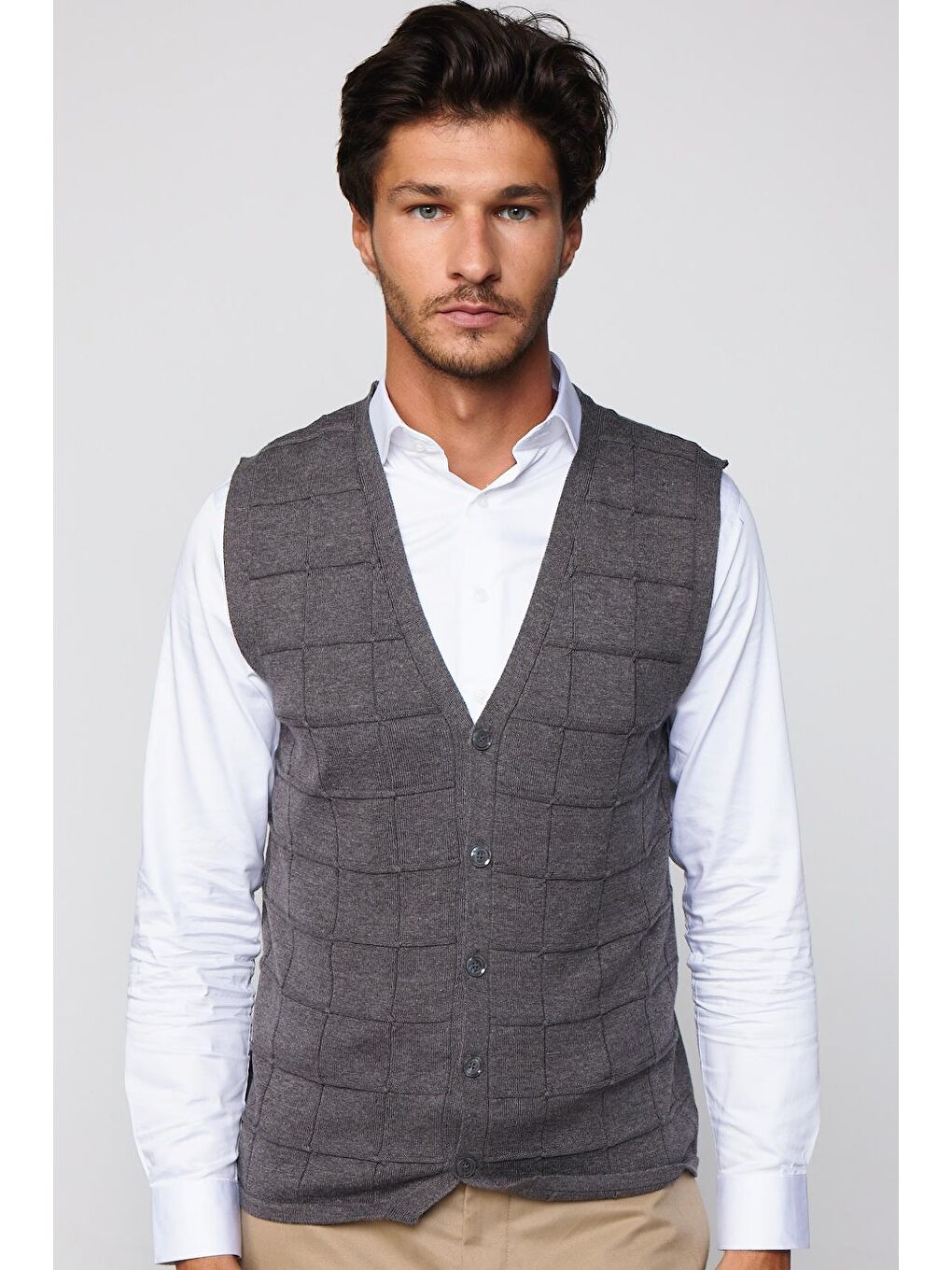Slim Fit Kare Desenli Gri Erkek Yelek-2