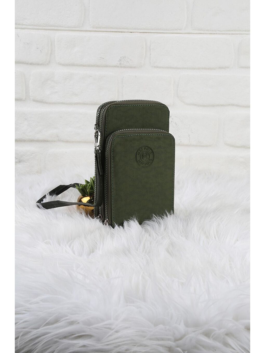 Haki Etiket Baskılı Cüzdan ve Telefon Çantası