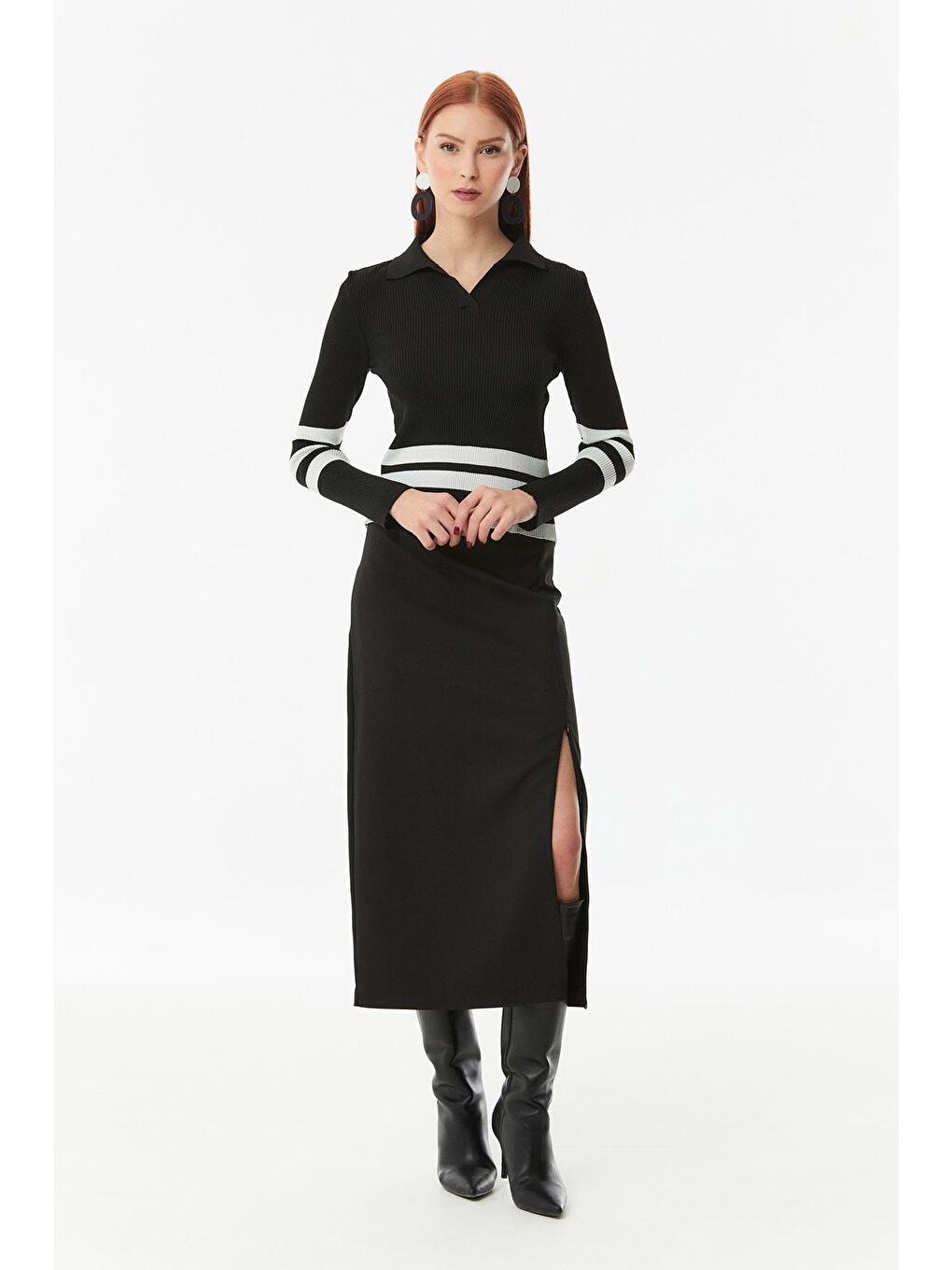 Siyah Çizgili Fitilli Polo Yaka Triko Kazak-1