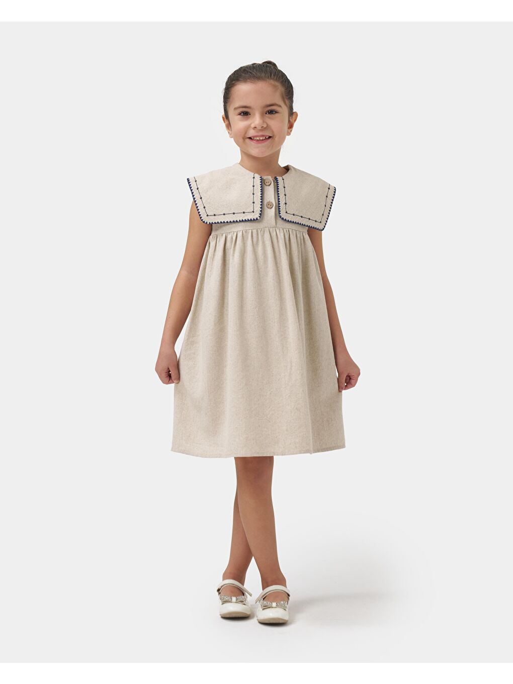Kız Çocuk Keten Bej Nakışlı Geniş Yaka Elbise