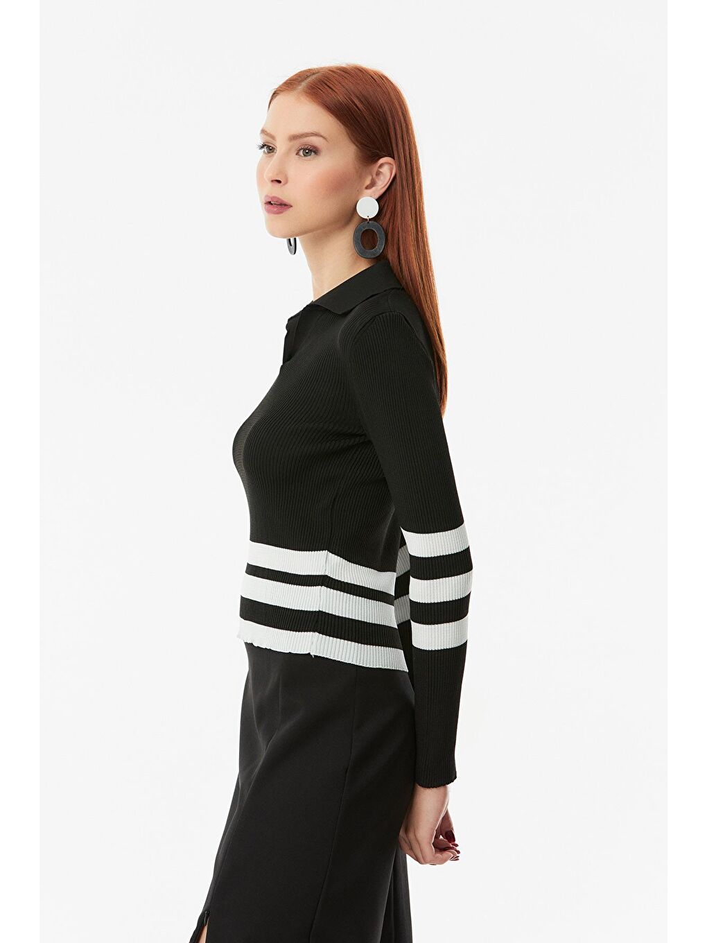 Siyah Çizgili Fitilli Polo Yaka Triko Kazak-2