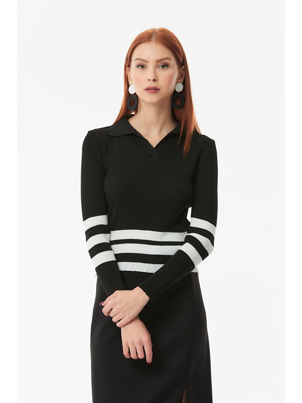 Siyah Çizgili Fitilli Polo Yaka Triko Kazak-3