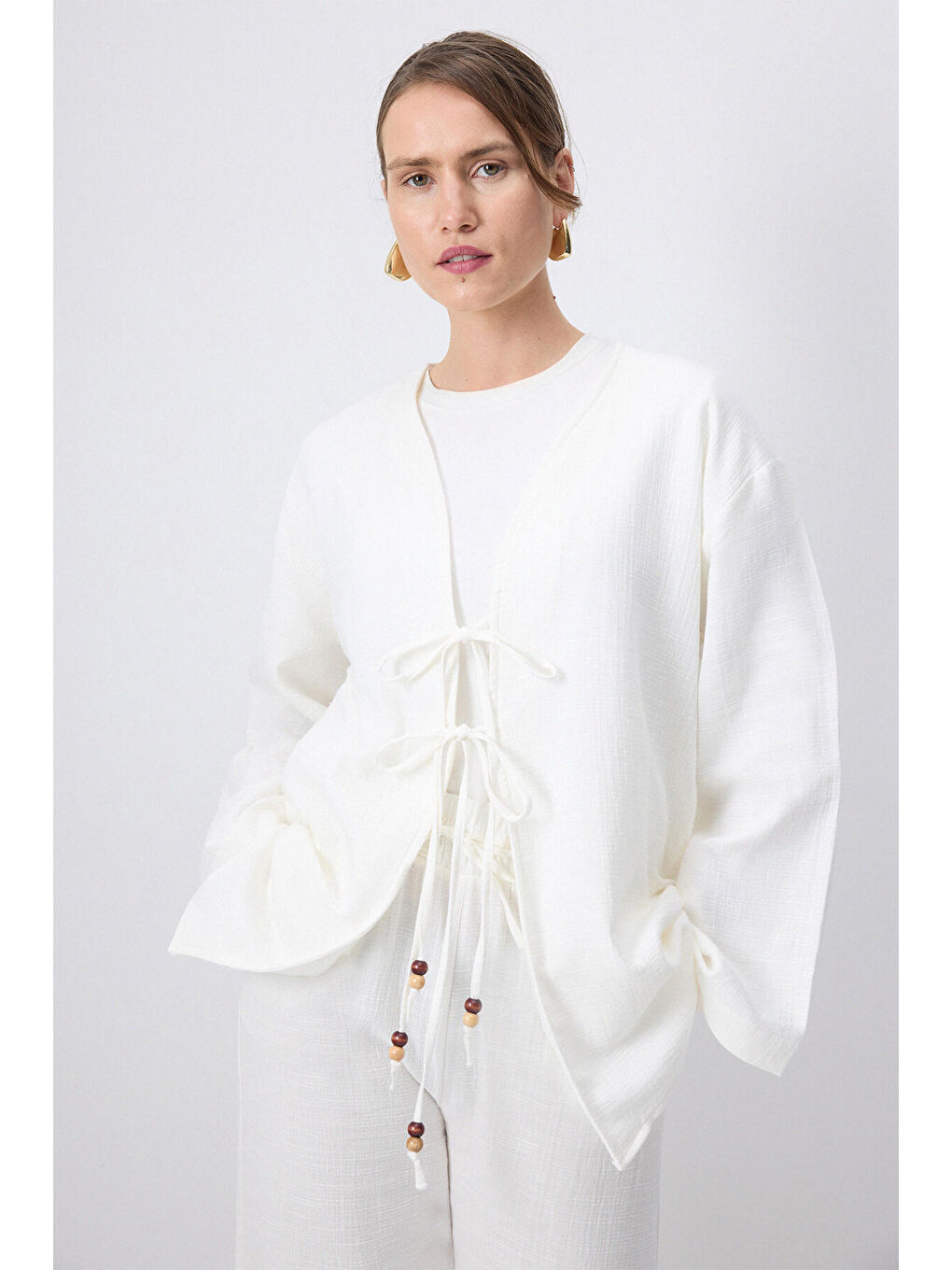 Beyaz Önden Bağlamalı Kimono Pantolon Takım-2