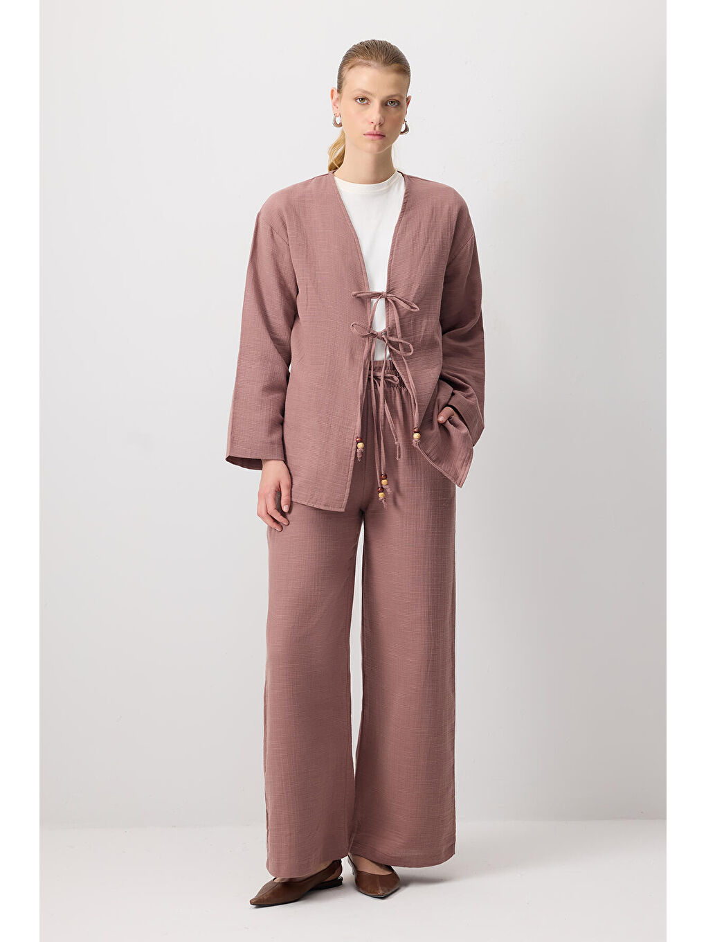 Kahverengi Önden Bağlamalı Kimono Pantolon Takım