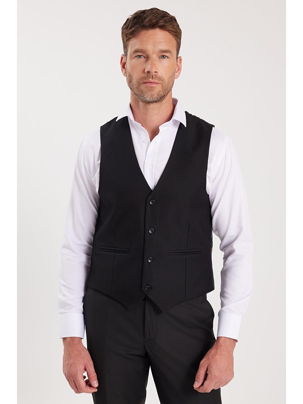Erkek Slim Fit Düz Cepli Siyah Yelek-4
