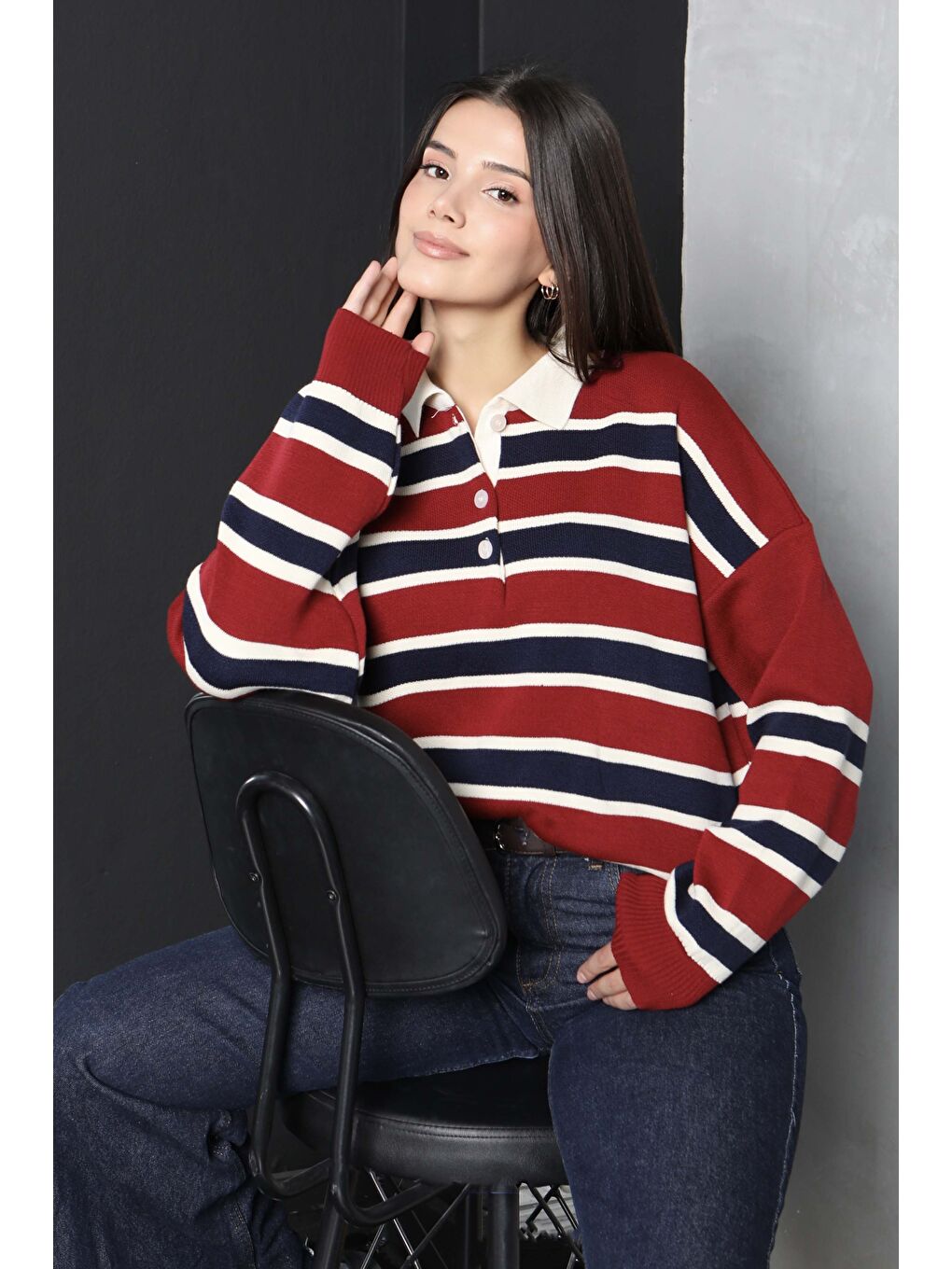 Kırmızı Çizgili Polo Yaka Triko Kazak Kirmizi - 27825-KIRMIZI