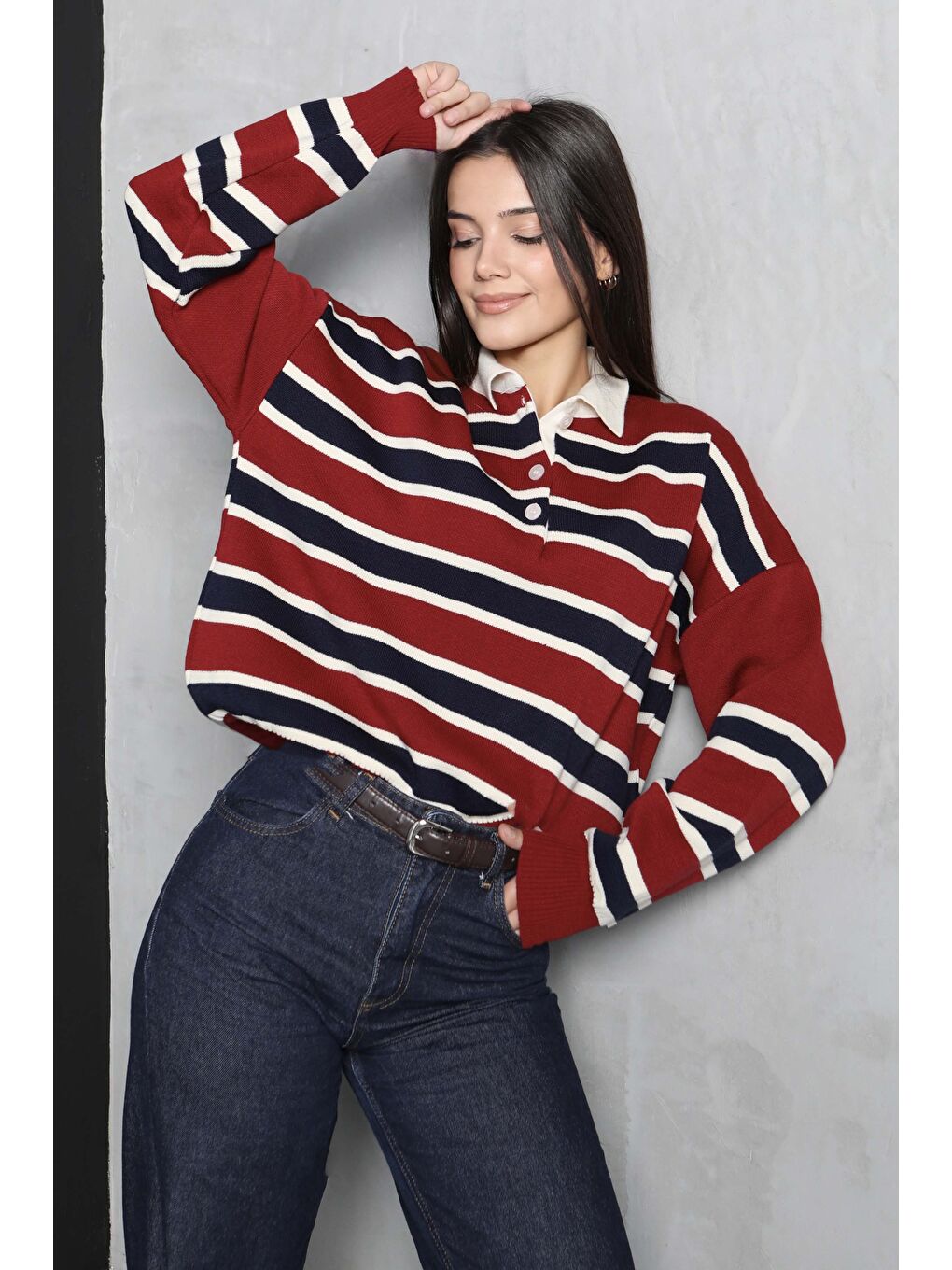 Kırmızı Çizgili Polo Yaka Triko Kazak Kirmizi - 27825-KIRMIZI-1