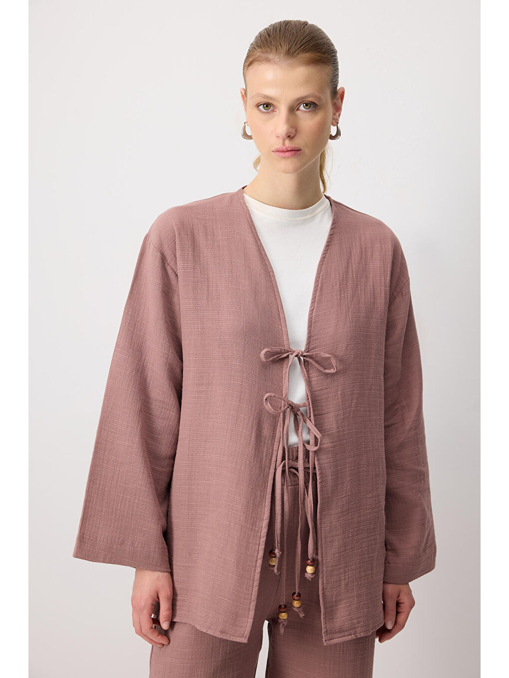 Kahverengi Önden Bağlamalı Kimono Pantolon Takım-1