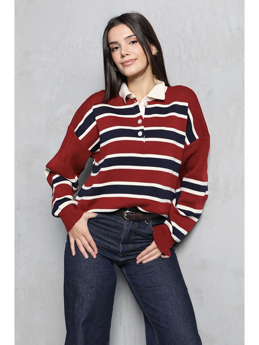 Kırmızı Çizgili Polo Yaka Triko Kazak Kirmizi - 27825-KIRMIZI-3
