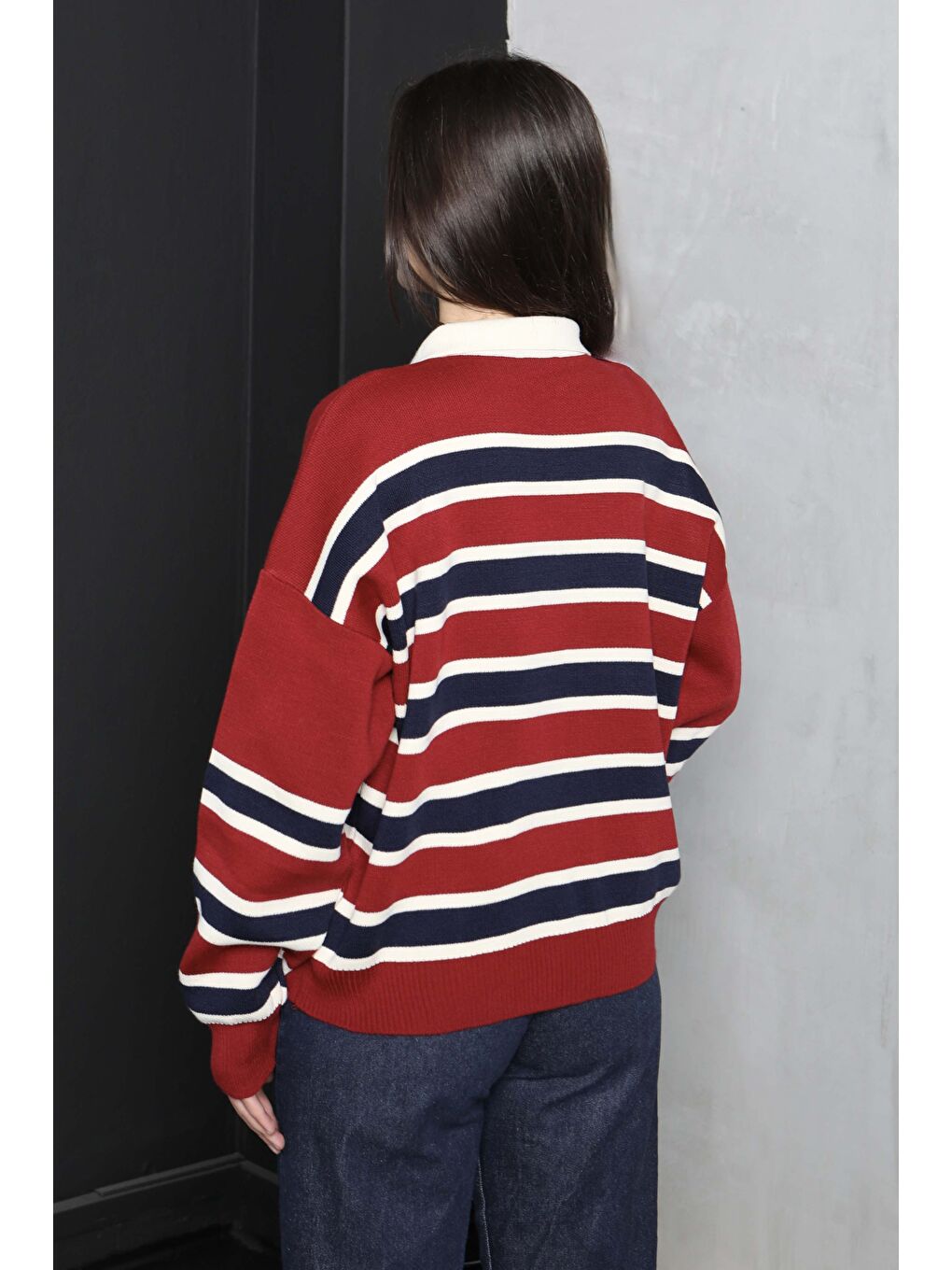 Kırmızı Çizgili Polo Yaka Triko Kazak Kirmizi - 27825-KIRMIZI-4