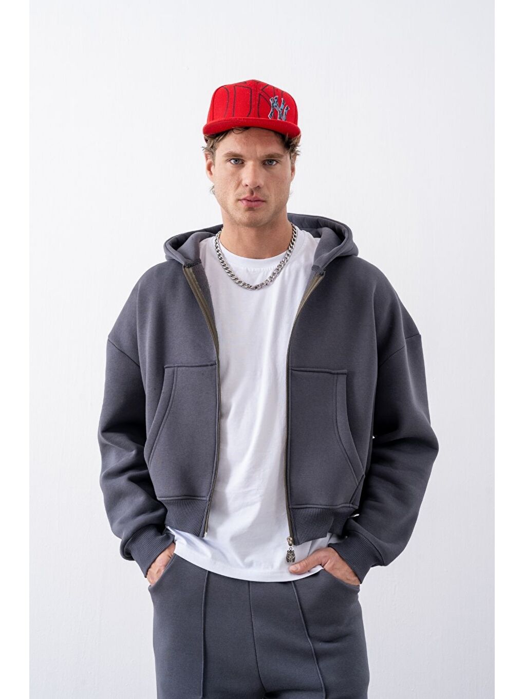 Bej Erkek Boxy Oversize Fermuarlı Chill Antrasit Sweatshirt