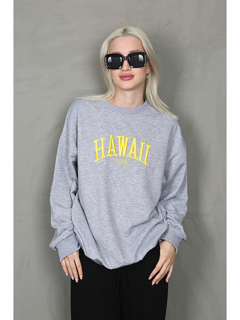 Madmext Gri Bisiklet Yaka Baskılı Sweatshirt MG1922 - 1