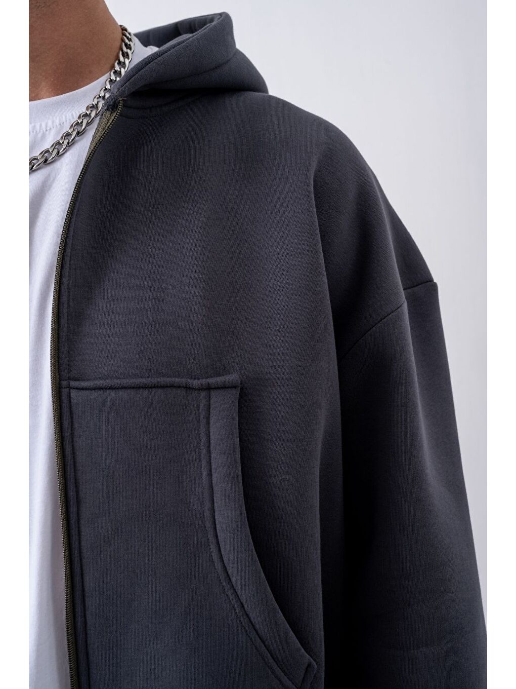 Bej Erkek Boxy Oversize Fermuarlı Chill Antrasit Sweatshirt-1
