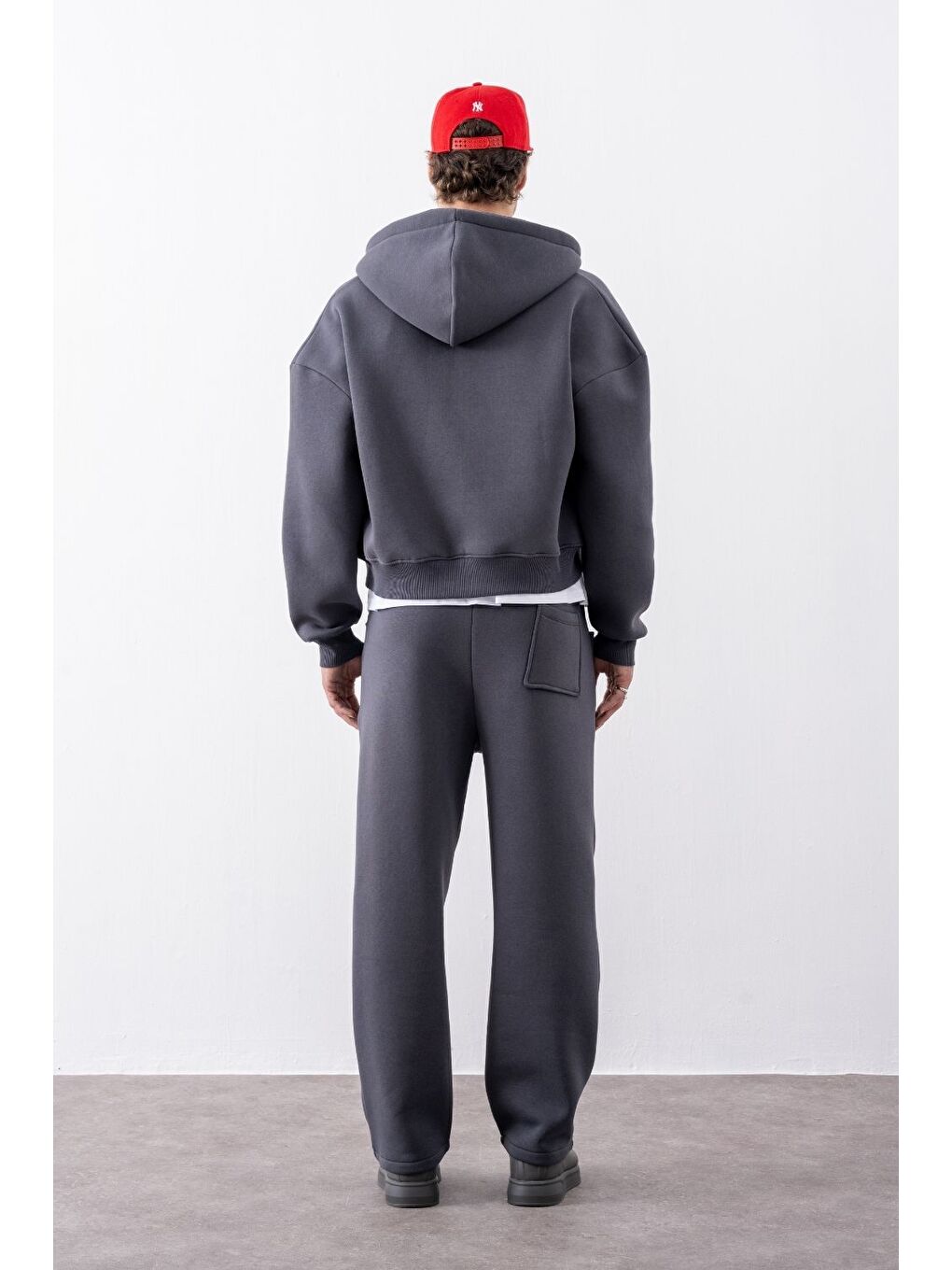 Bej Erkek Boxy Oversize Fermuarlı Chill Antrasit Sweatshirt-2