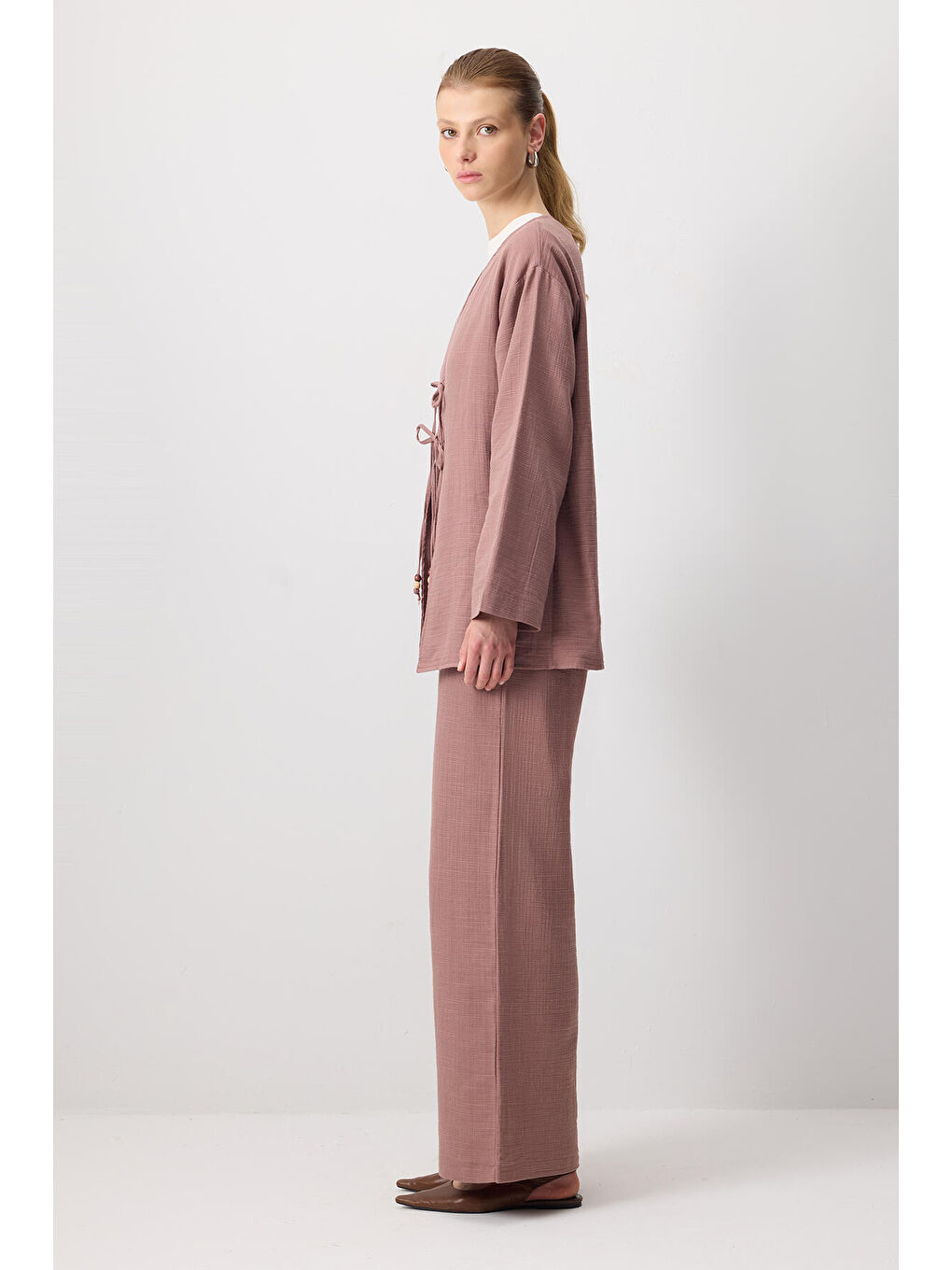 Kahverengi Önden Bağlamalı Kimono Pantolon Takım-2