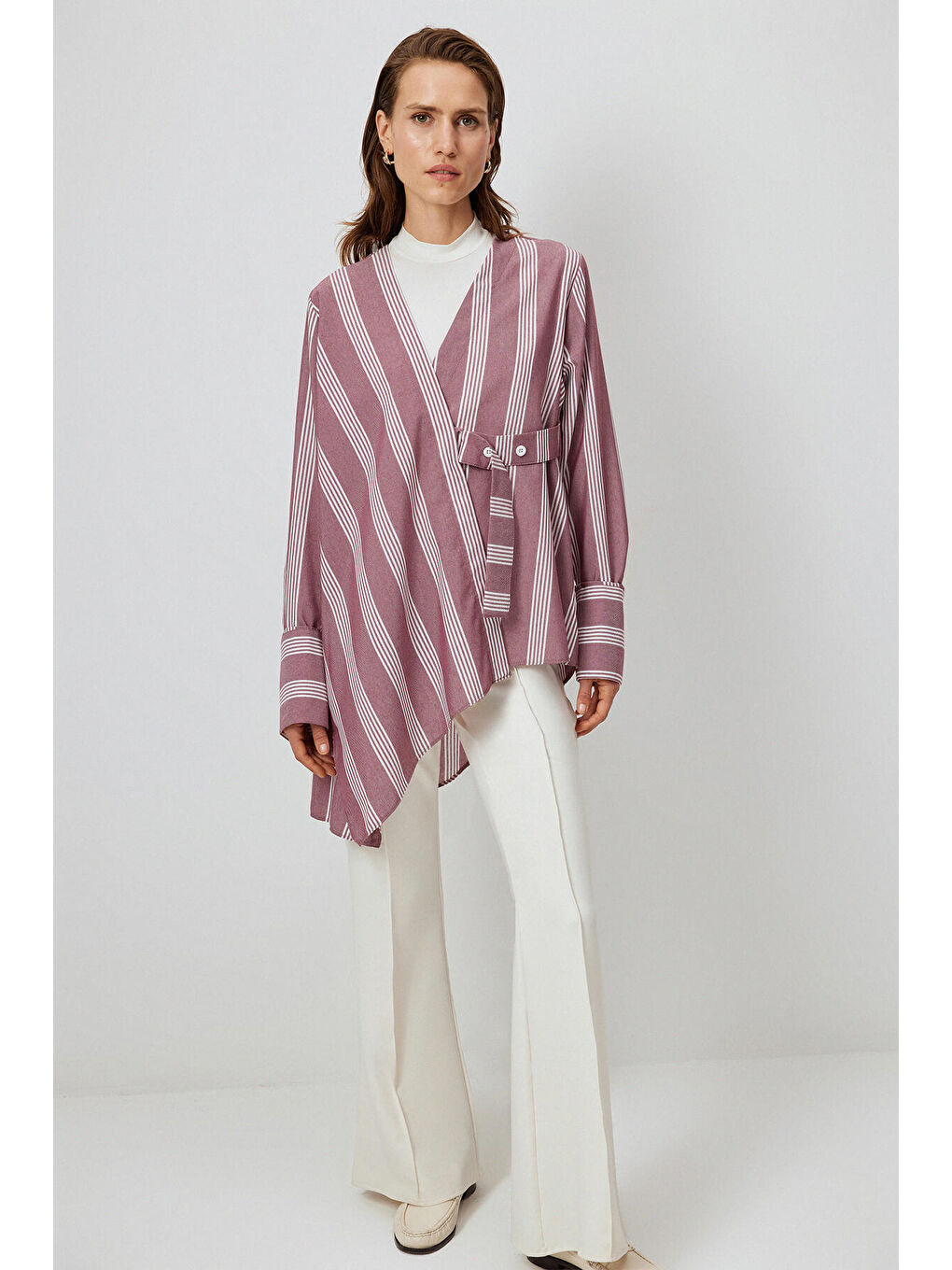 Bordo Geniş Manşetli Çizgili Bluz-1