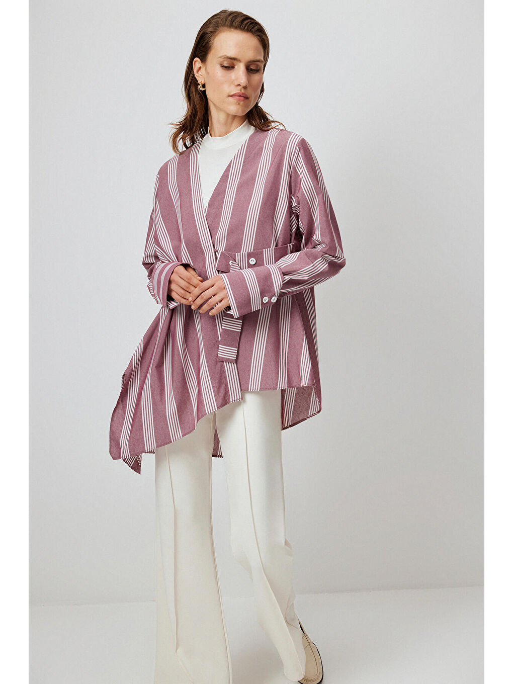 Bordo Geniş Manşetli Çizgili Bluz-2