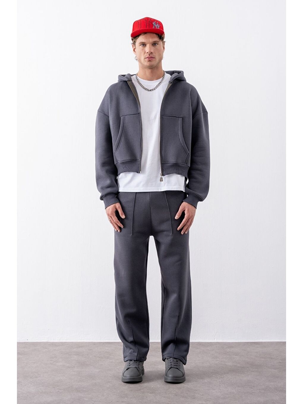 Bej Erkek Boxy Oversize Fermuarlı Chill Antrasit Sweatshirt-3