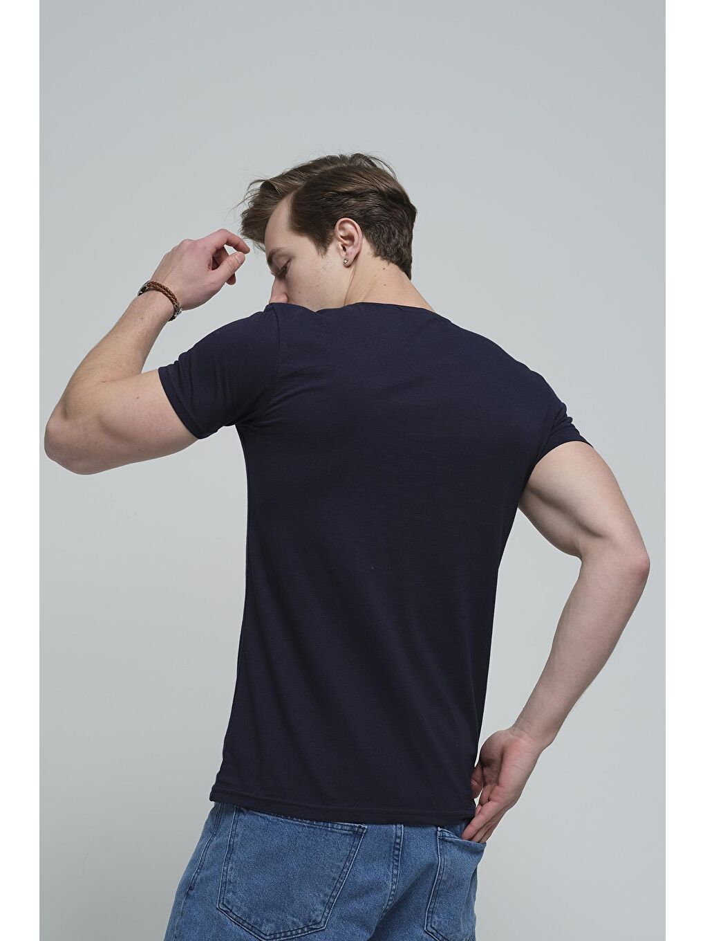 Lacivert Slim Fit Likralı Bisiklet Yaka Erkek Basic Tişört-2