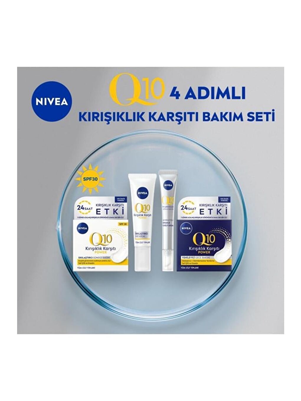 NIVEA Şeffaf Q10 Kırışıklık Karşıtı Cilt Bakım Seti, Gündüz Kemi, Göz Kremi, Cilt Serumu, Gece Kremi 50 ml