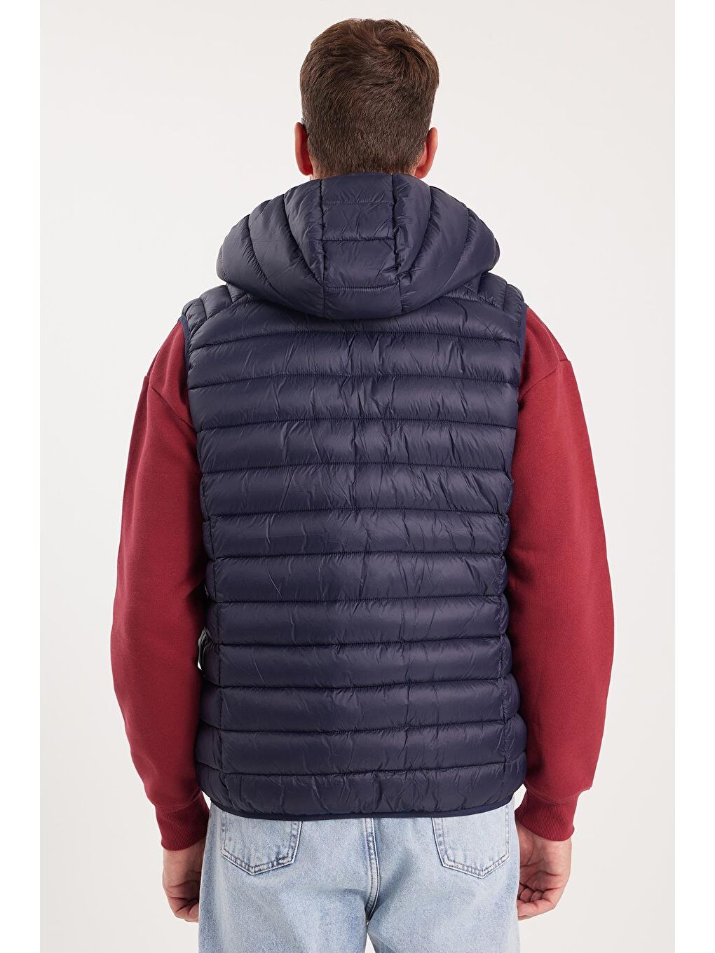 Erkek Relax Fit Rahat Kesim Sıfır Kol Kapüşonlu Çift Cep Fermuarlı Sıcak Tutan Lacivert Şişme Yelek-6