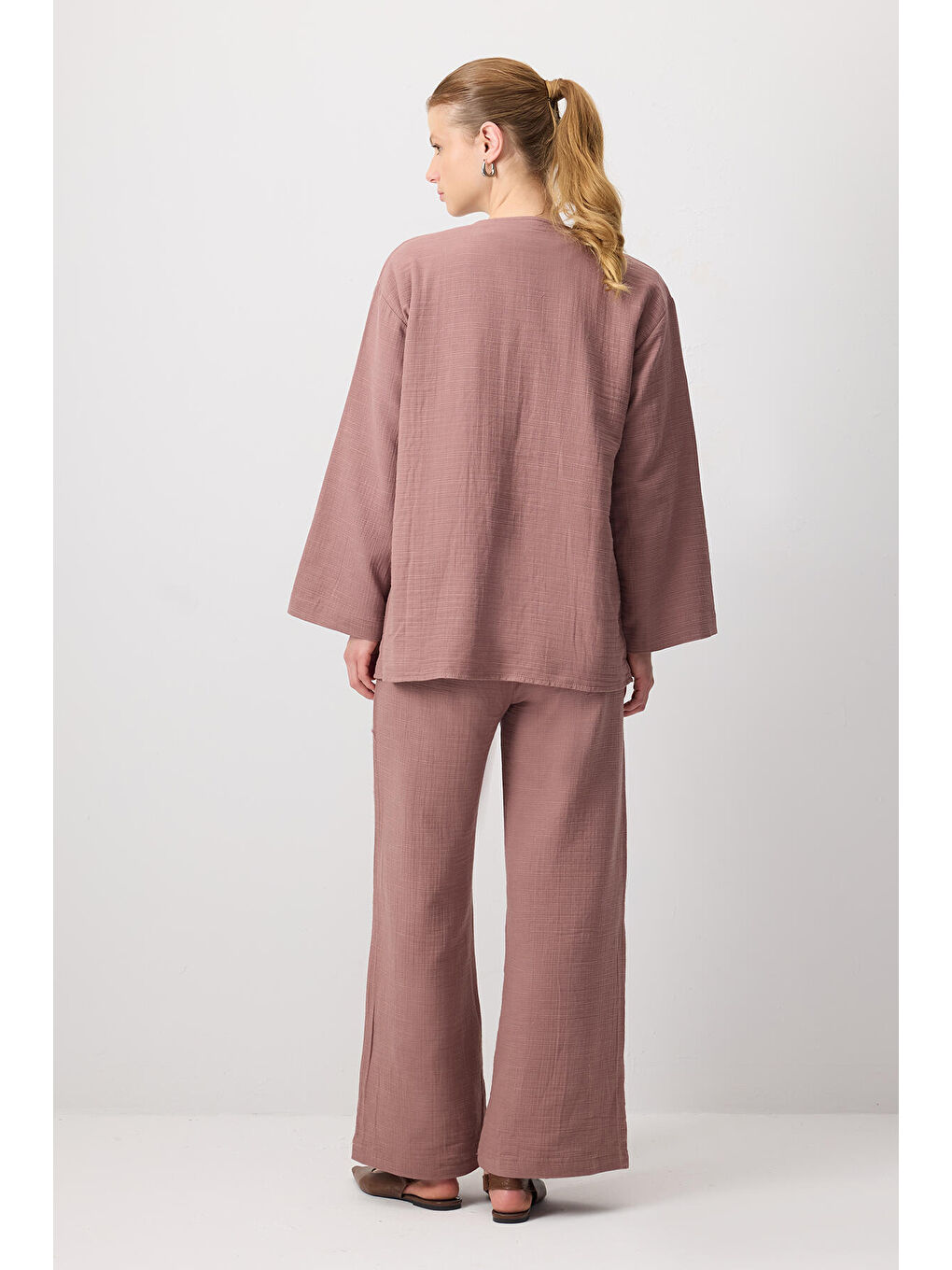 Kahverengi Önden Bağlamalı Kimono Pantolon Takım-3