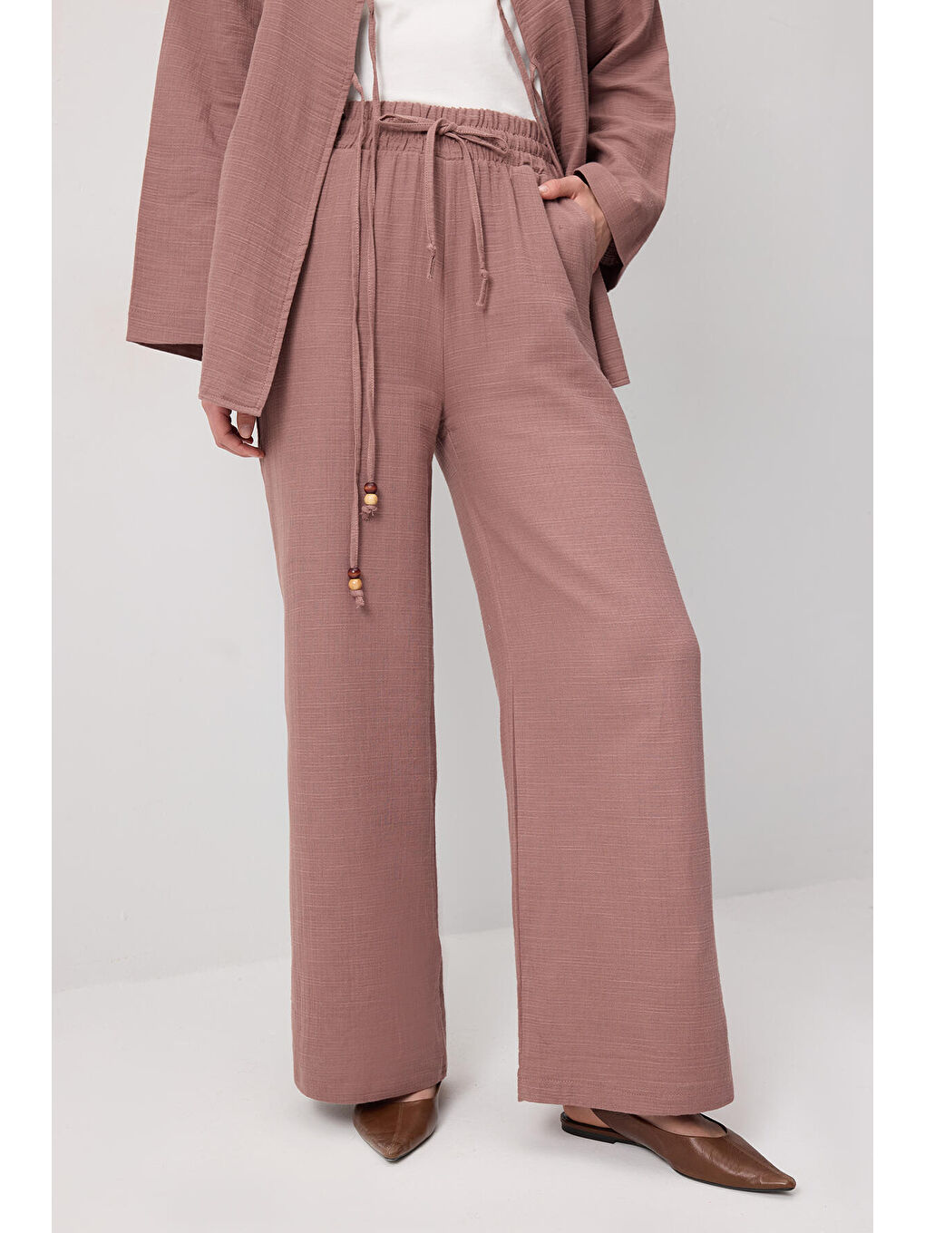 Kahverengi Önden Bağlamalı Kimono Pantolon Takım-4