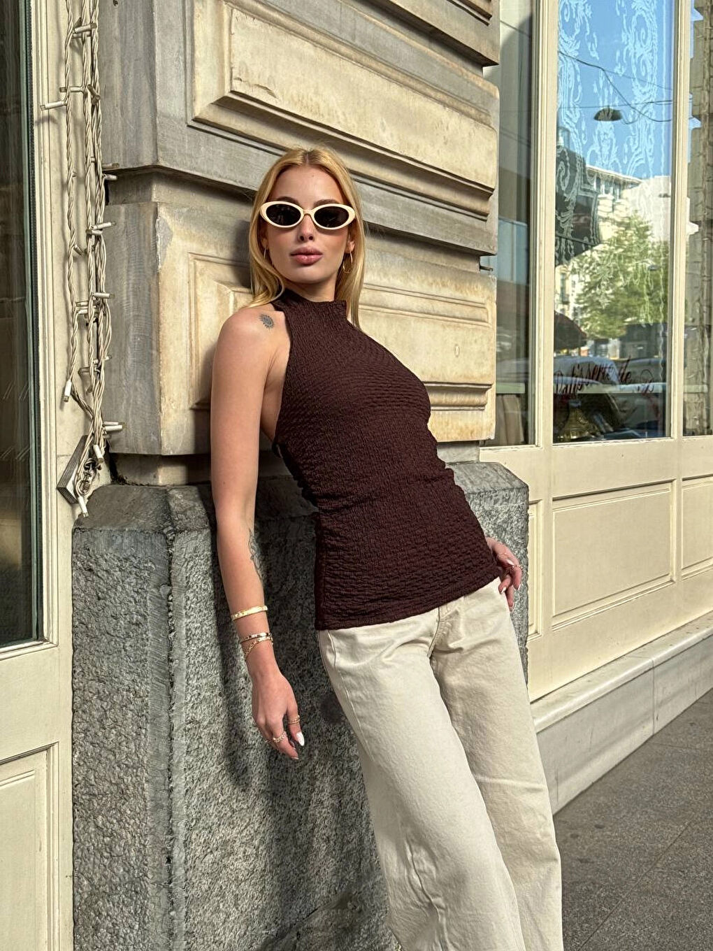 Kadın Kahverengi Boyundan Bağlamalı Gofre Kumaş Bluz HZL25S-ZK13631-4