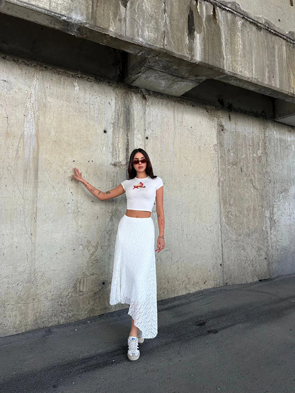 Kadın Beyaz Asimetrik Kesim Astarlı Dantel Etek HZL25S-ZK13571-3