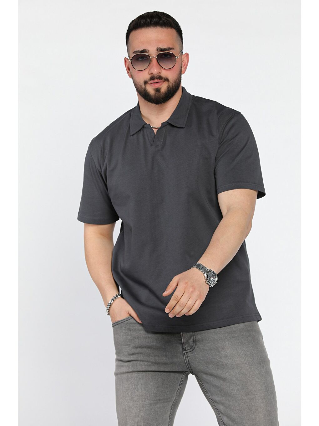 Gri Polo Yaka Erkek Tişört-1