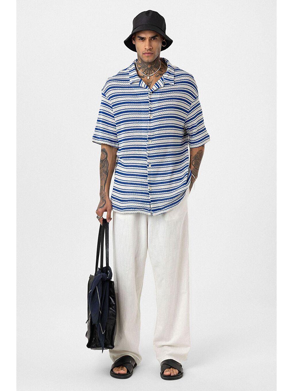 Mavi Oversize Çizgili Triko Gömlek Saks