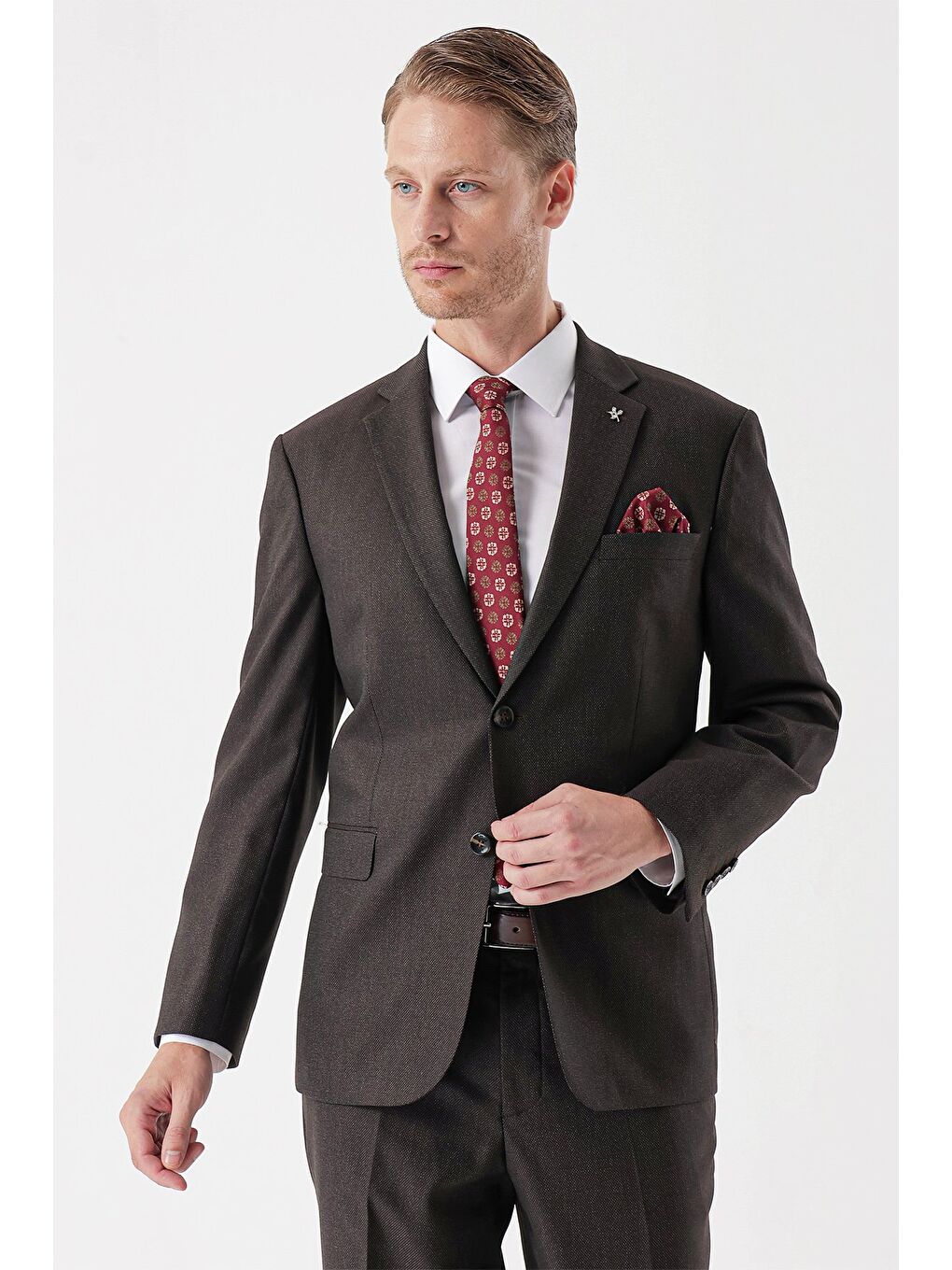 Koyu Kahverengi Armürlü Mono Yaka 4 Drop Comfort Fit Rahat Kesim Klasik Takım Elbise 1001235150
