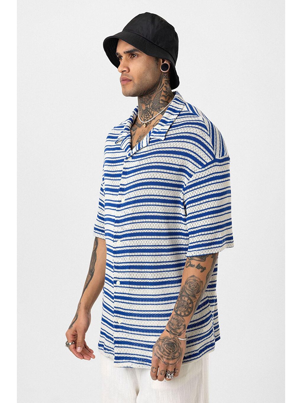 Mavi Oversize Çizgili Triko Gömlek Saks-3