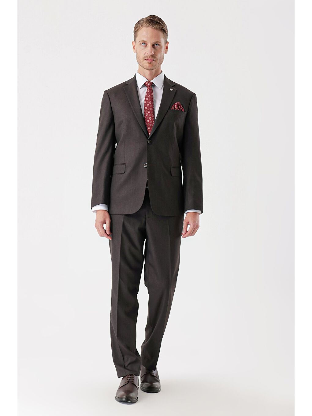 Koyu Kahverengi Armürlü Mono Yaka 4 Drop Comfort Fit Rahat Kesim Klasik Takım Elbise 1001235150-1